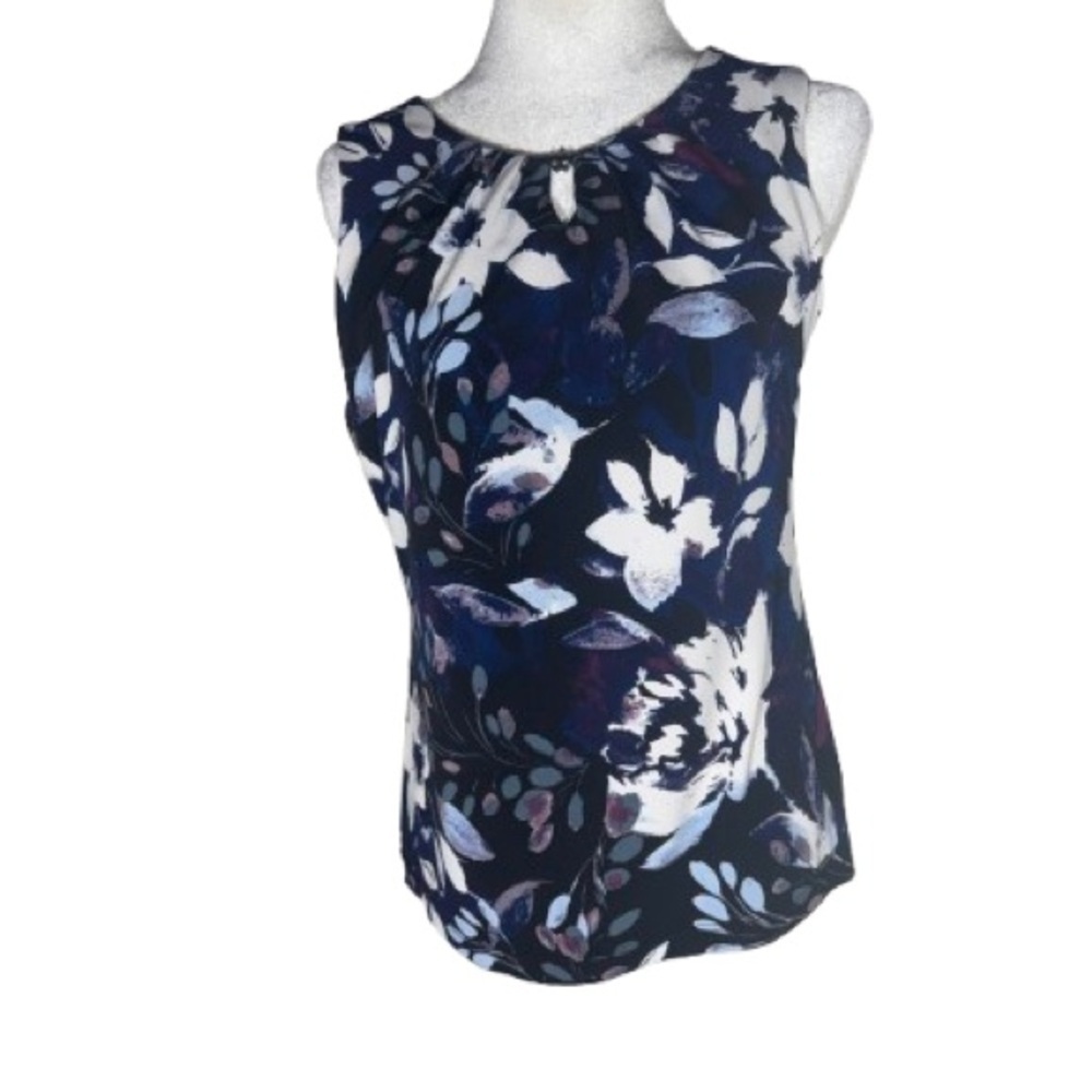 Ivanka Trump Navy Floral Sleeveless Keyhole Top